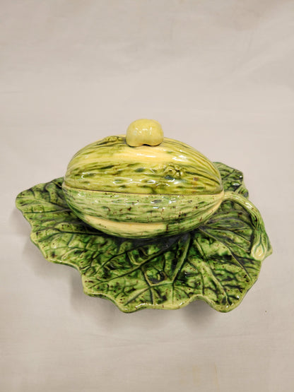 Antique Majolica Melon on Leaf Dish in the Style of Sarreguemines