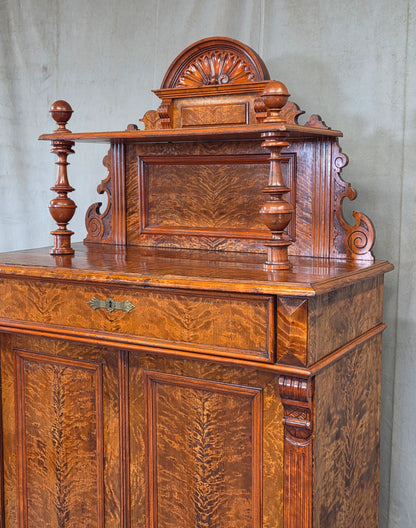 Antique 19th Century German Wilhelmenian Flame Birch Vertical Buffet Sideboard