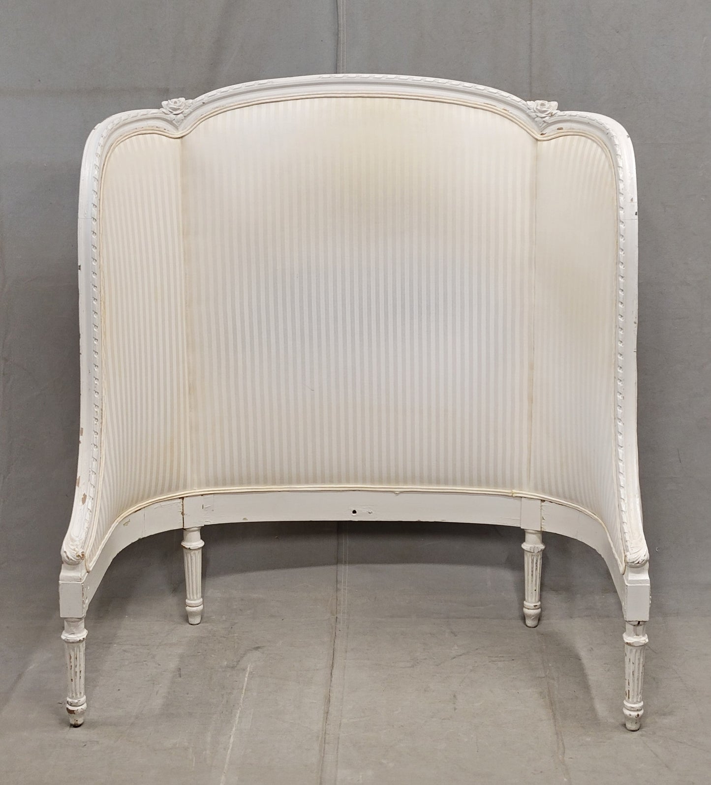 Pair of Antique French Curved Twin Headboards With Ivory Sateen Upholstery