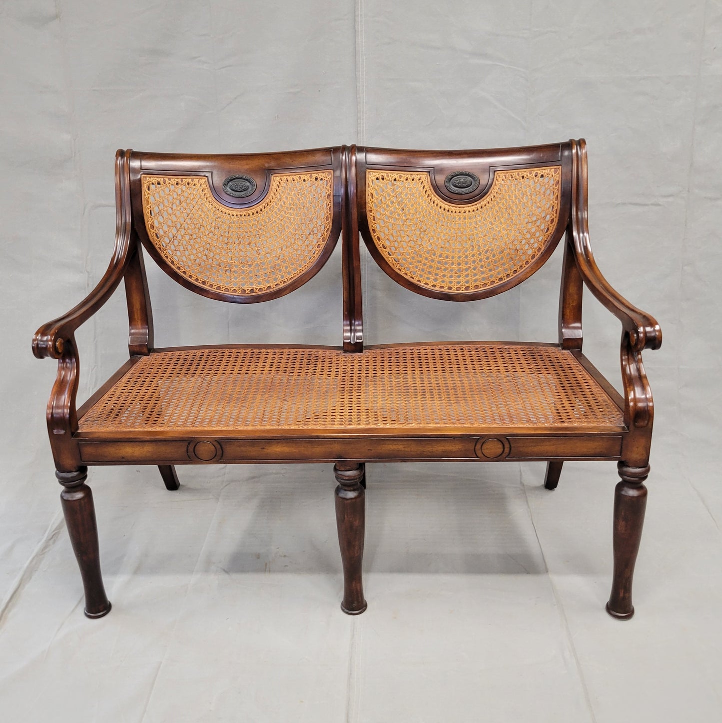 Vintage Theodore Alexander Regency Caned Mahogany Settee With Silk/Velveteen Down Cushion