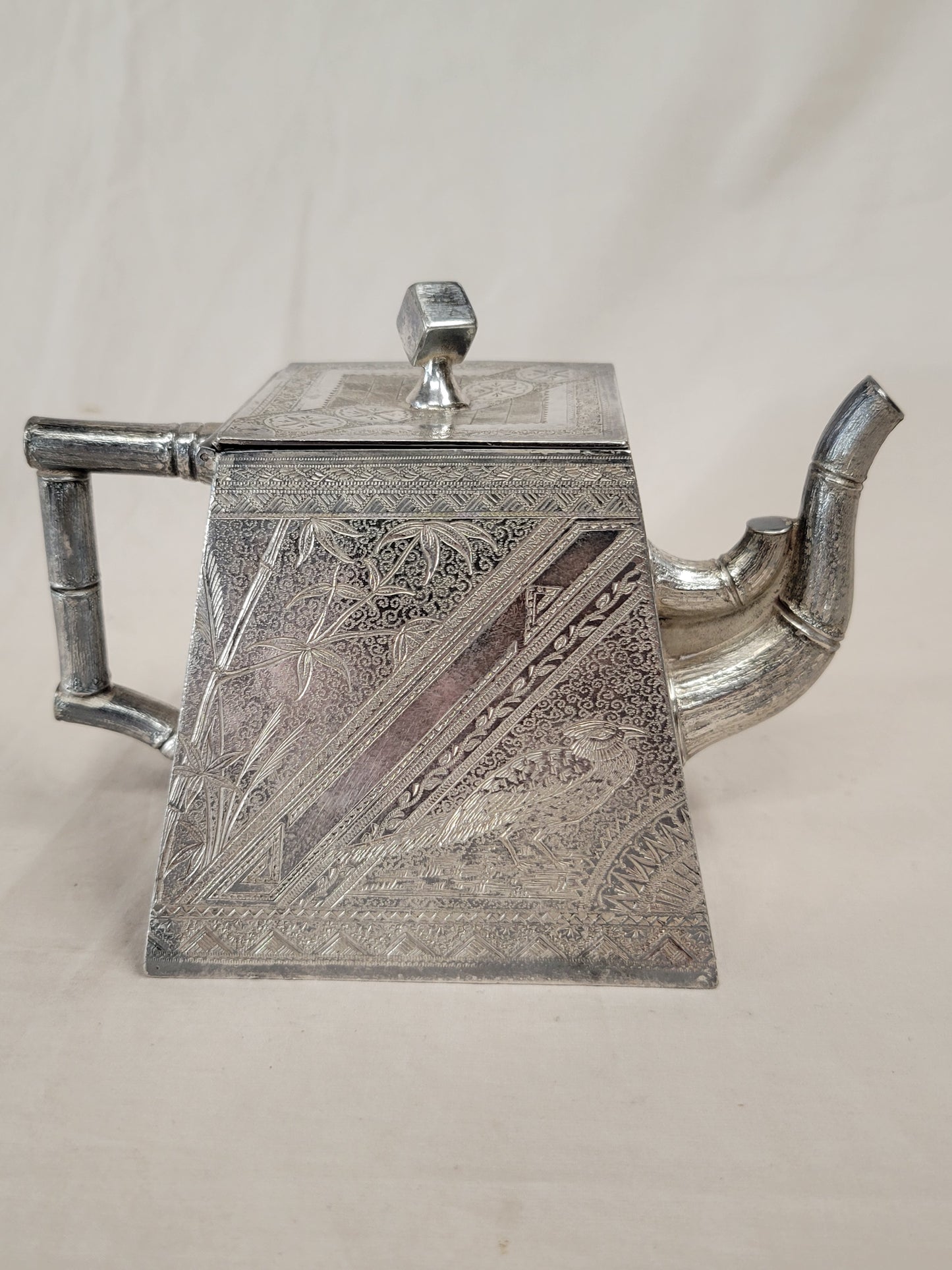 Antique James W. Tufts Boston Engraved Silverplate Aesthetic Movement Tea Set