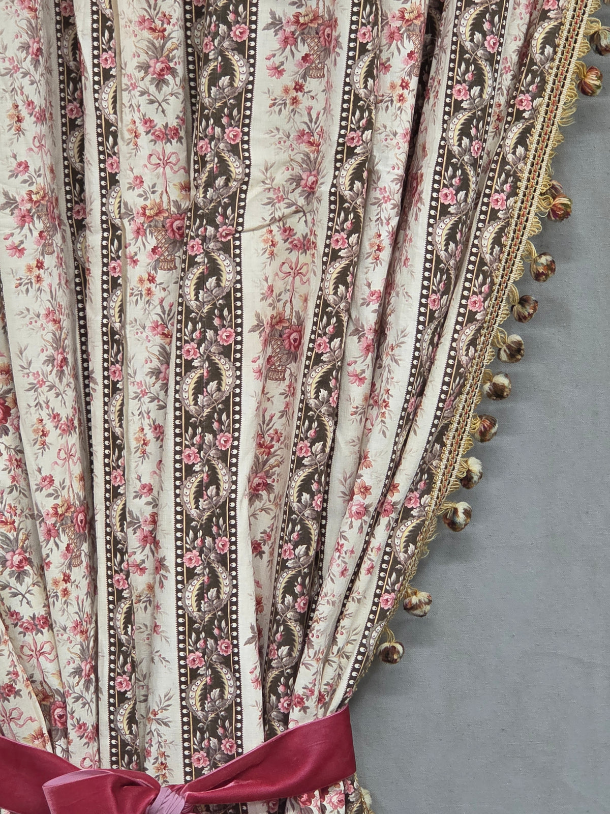 Antique 1920s French Cotton Curtain Panel, Pink and Brown Stripe With Florals