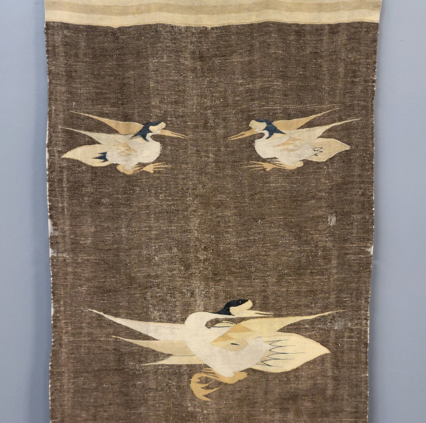 Antique Mongolian Handwoven Wool Blanket with Cranes