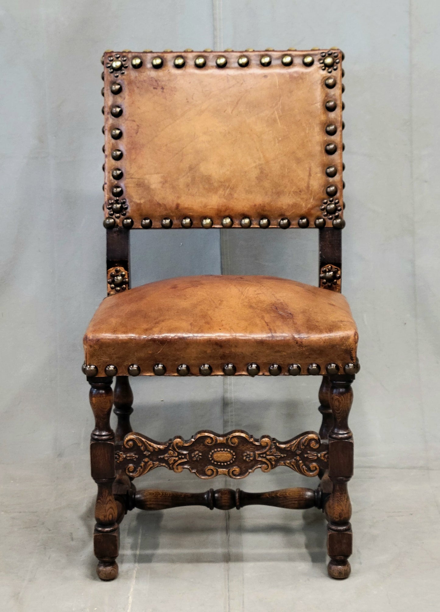 Antique Spanish or Renaissance Revival Oak and Leather Side Chairs - Set of 3