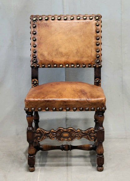 Antique Spanish or Renaissance Revival Oak and Leather Side Chairs - Set of 3