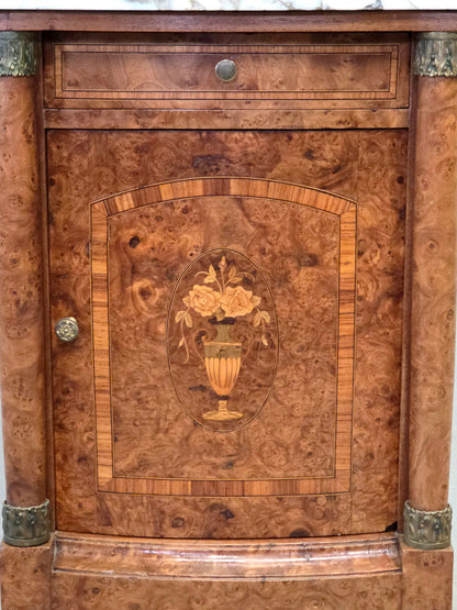 Antique French Art Nouveau Burl Marble Marquetry Nightstand With Bronze Ormolu