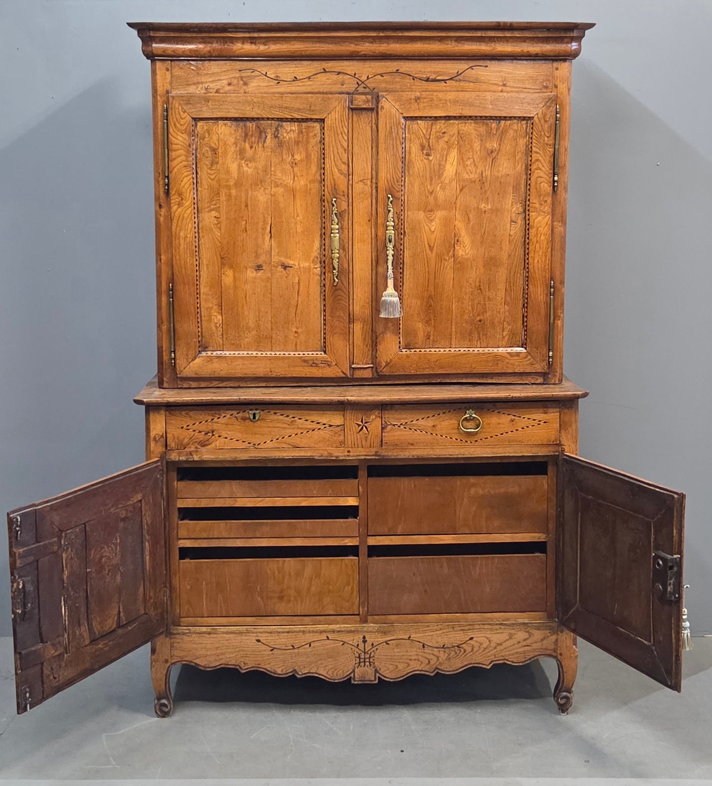 Antique French Elm Deux Corps Buffet Cabinet With Inlay and Fitted Interior