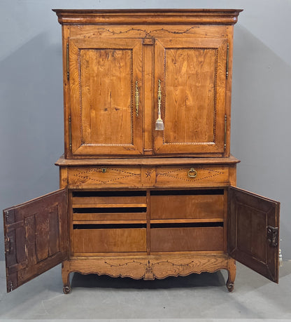 Antique French Elm Deux Corps Buffet Cabinet With Inlay and Fitted Interior