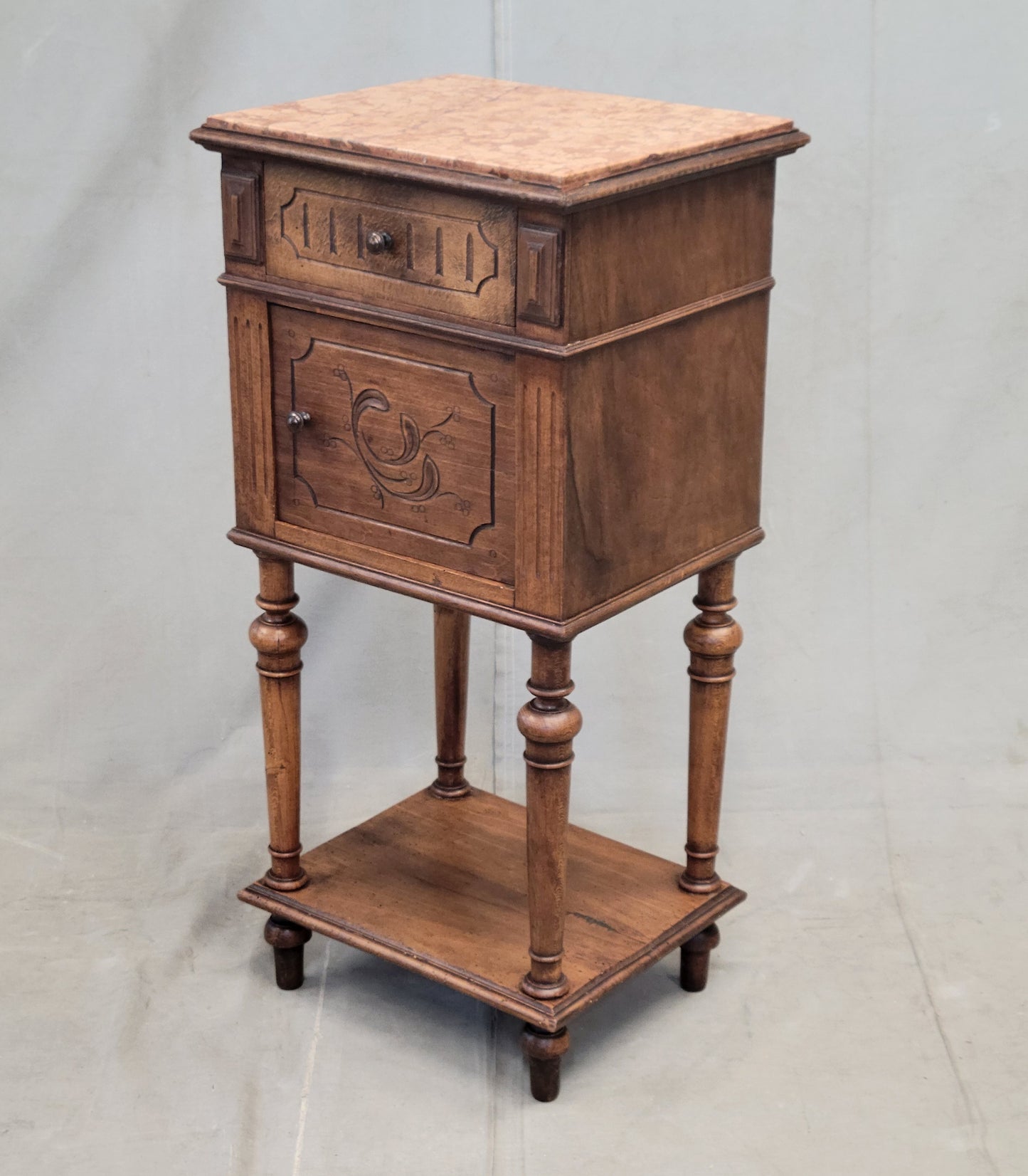 Antique French or Belgian Walnut Nightstands With Italian Marble - A Near Pair