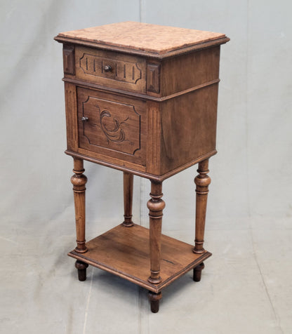 Antique French or Belgian Walnut Nightstands With Italian Marble - A Near Pair