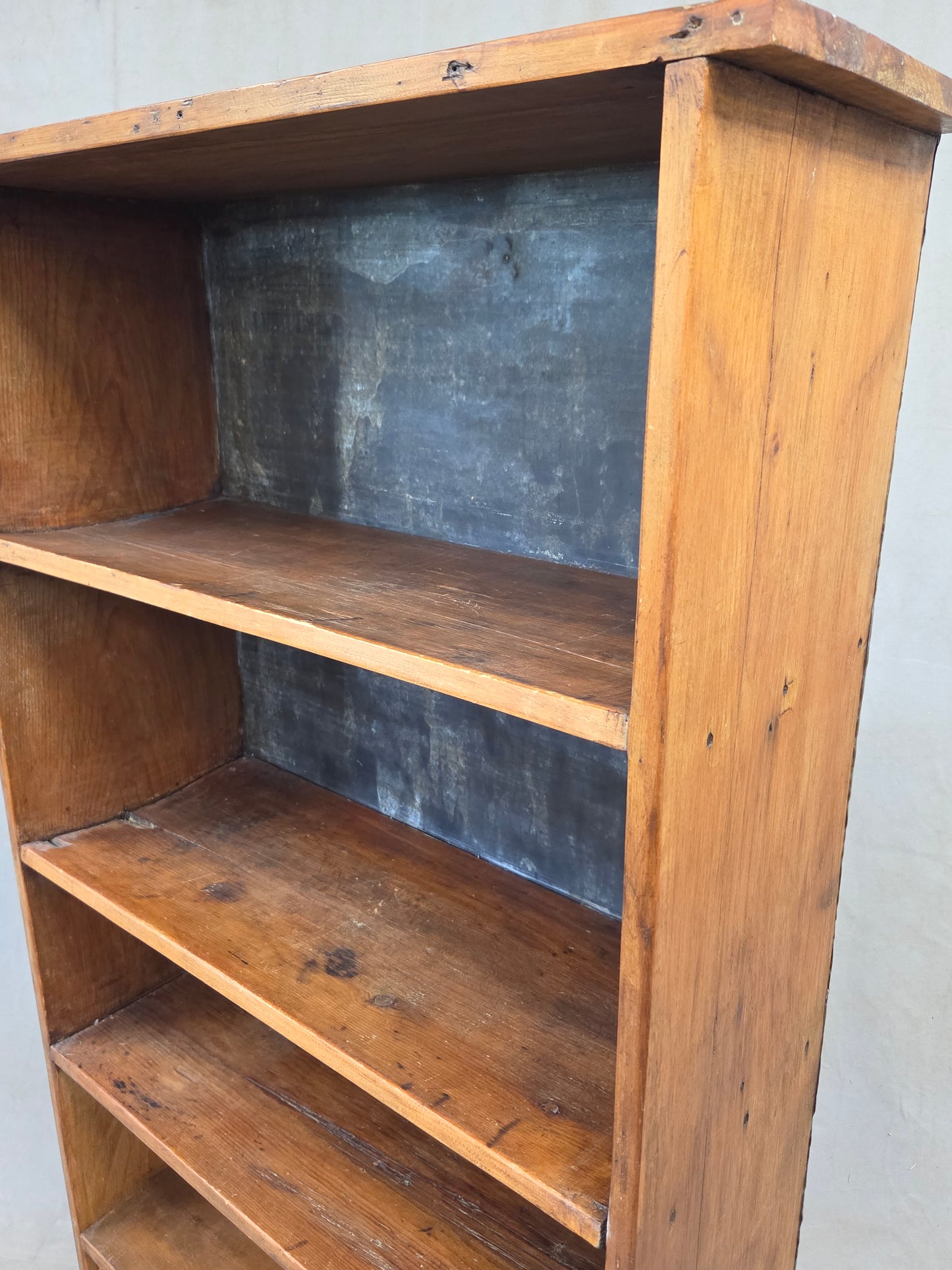 Vintage Rustic Primitive Handmade Pine Bookcase with Metal Backing