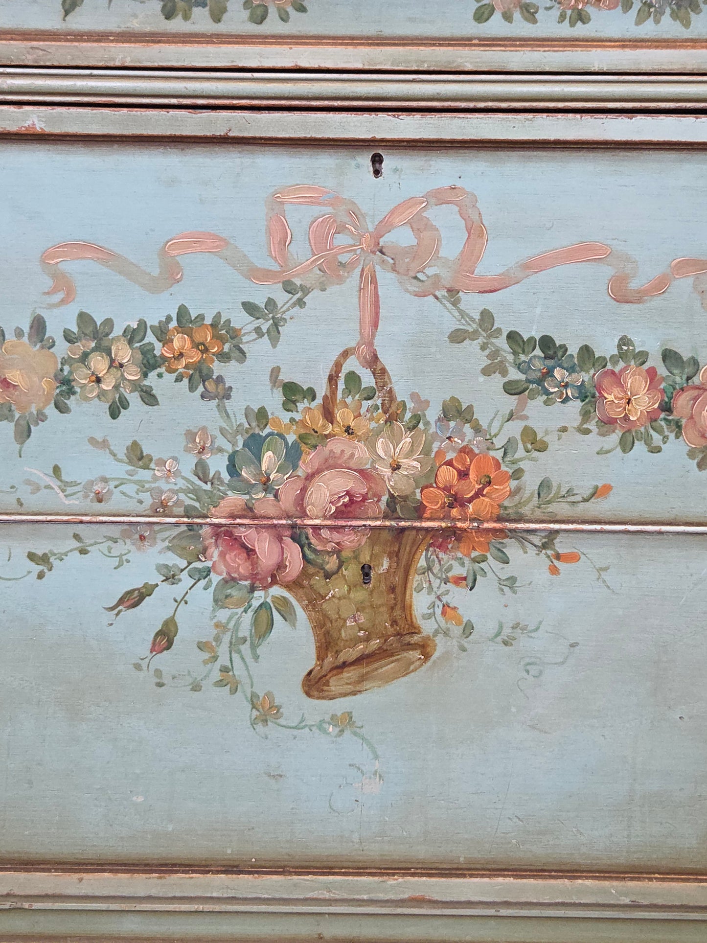 Antique French Floral Painted Mahogany Dresser with Matching Mirror