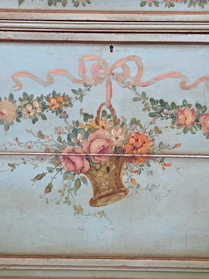 Antique French Floral Painted Mahogany Dresser with Matching Mirror