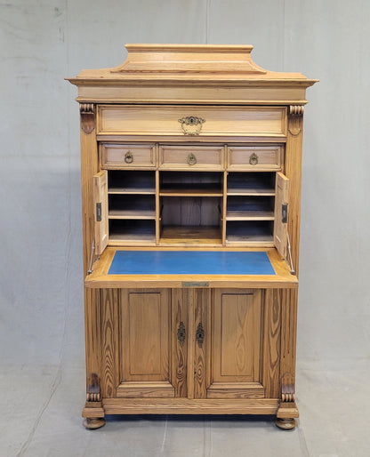 Antique Danish Biedermeier Pine Secretary Desk With Blue Leather