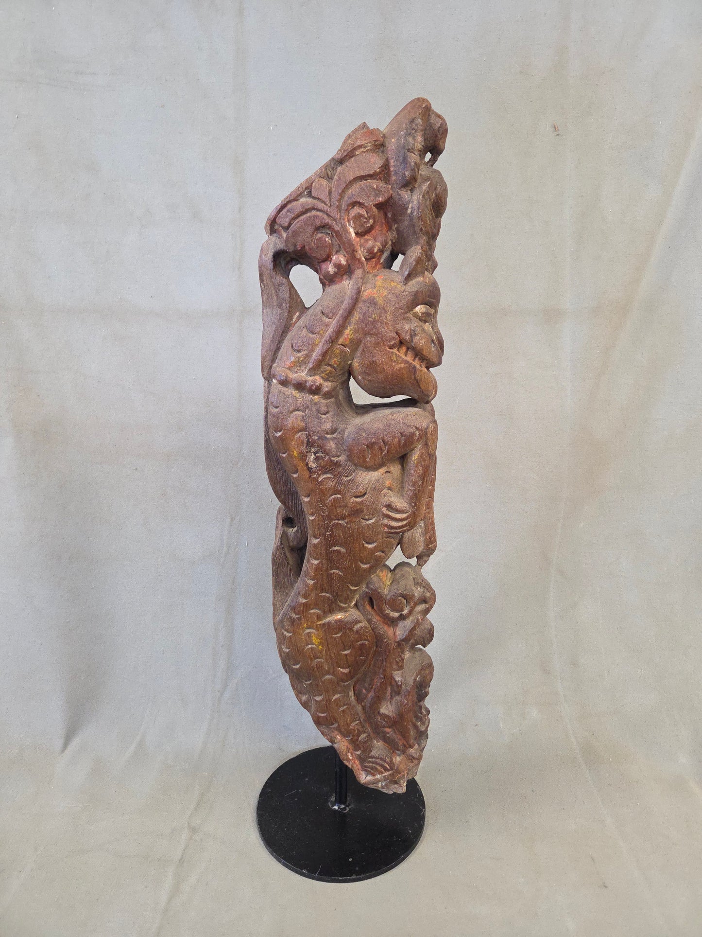 Antique Indian Hand Carved Naga Architectural Remnant on a Custom Metal Stand