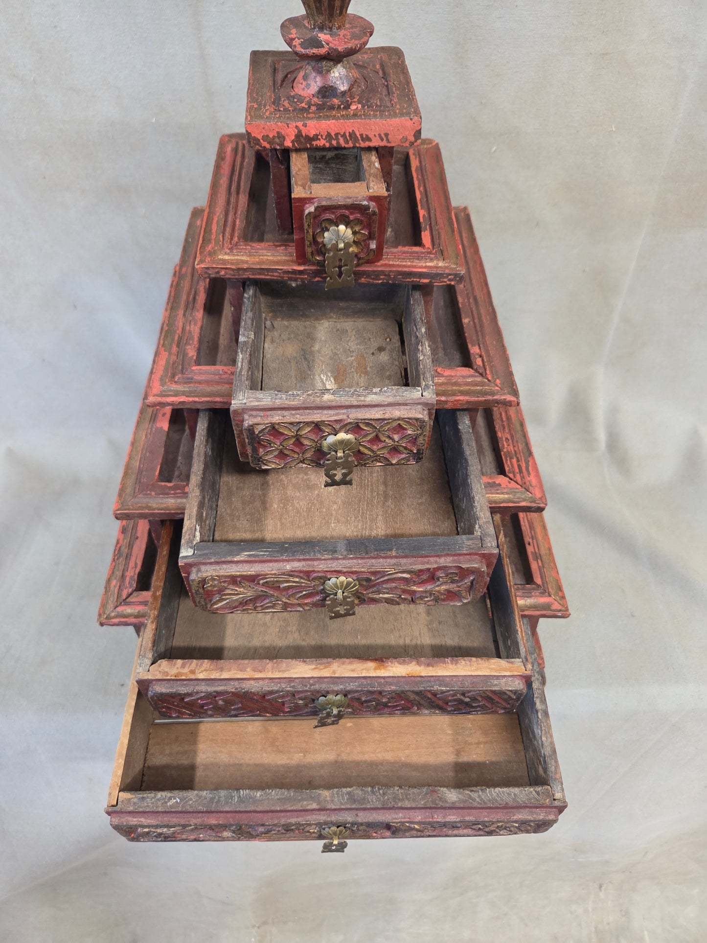 Vintage Sumatra, Indonesia Lacquer Pyramid Shaped Jewelry Box with Five Drawers
