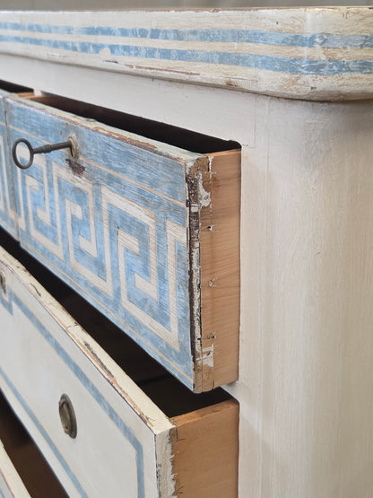 Antique English Pine Painted Dresser Chest of Drawers With Greek Key Motif
