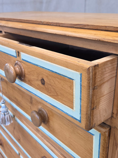 Antique English Edwardian Natural Pine Chest of Drawers with Blue French Line