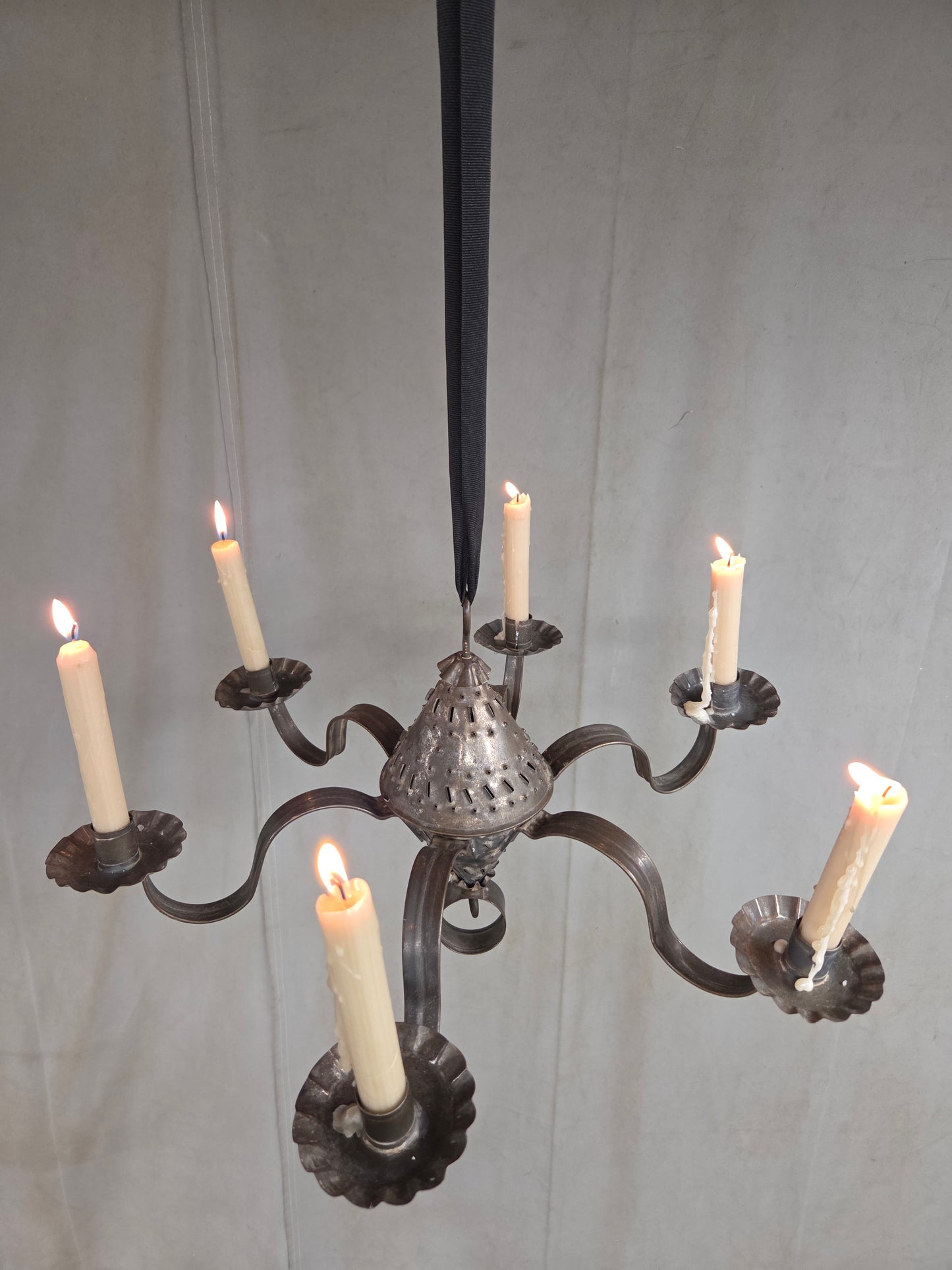 Antique Punched Tin Six-Arm Candle Chandelier, New Mexico, Spanish Colonial style