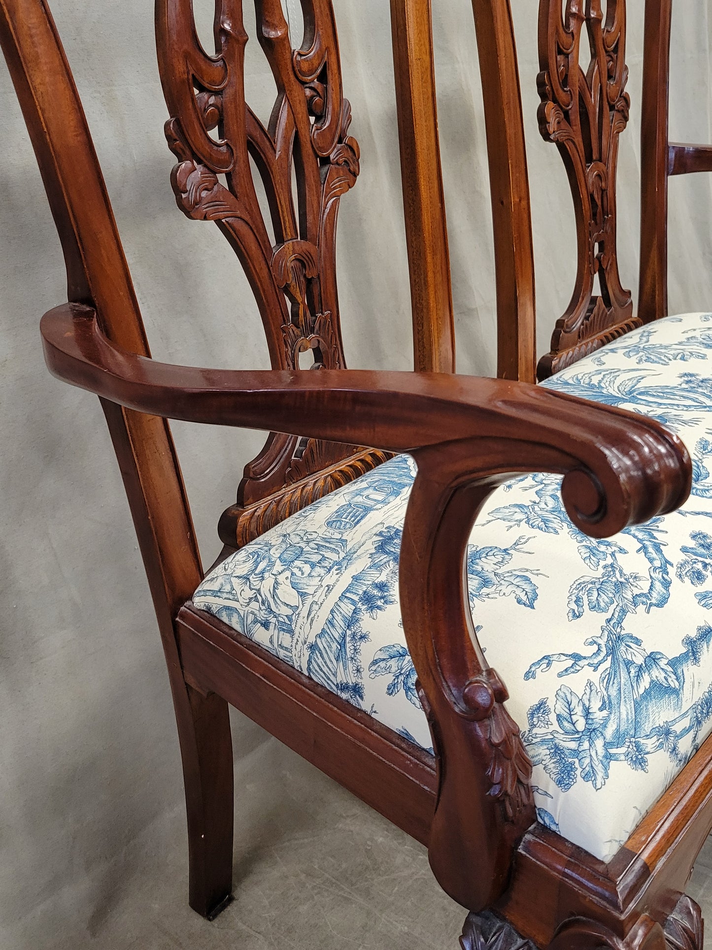 Vintage Mahogany Chippendale Bench With Schumacher Chinoiserie Upholstery