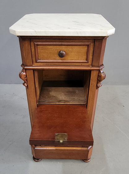 Antique 1860s English Mahogany and Carrera Marble Nightstand/Pot Cupboard With Drawers