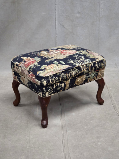 Pair of Vintage Queen Anne Chairs and Ottoman with Black Toile Upholstery