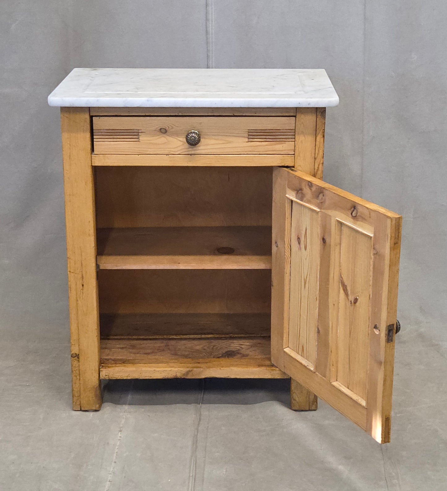 Antique European Pine and Marble Side Table or Nightstand