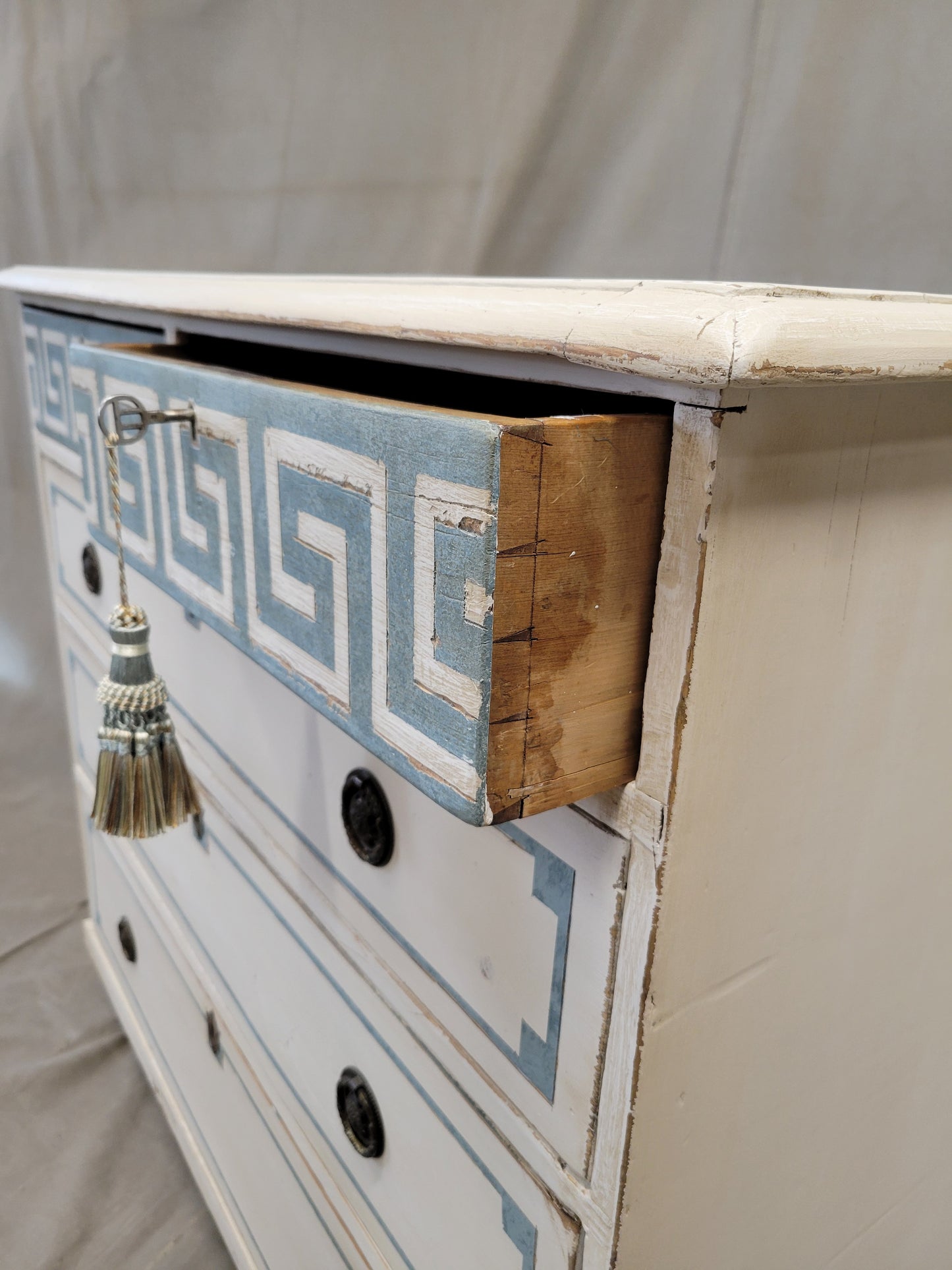 Antique English Pine Painted Dresser Chest of Drawers with Greek Key Motif