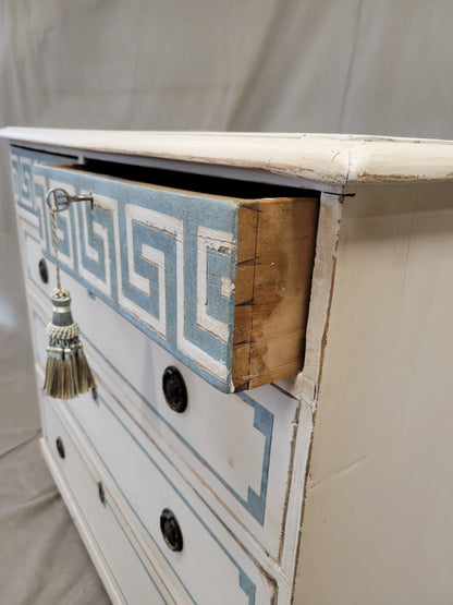 Antique English Pine Painted Dresser Chest of Drawers with Greek Key Motif