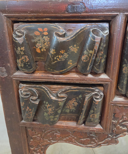 Antique Chinese Qing Dynasty Lacquer Side Table with Birds and Flowers