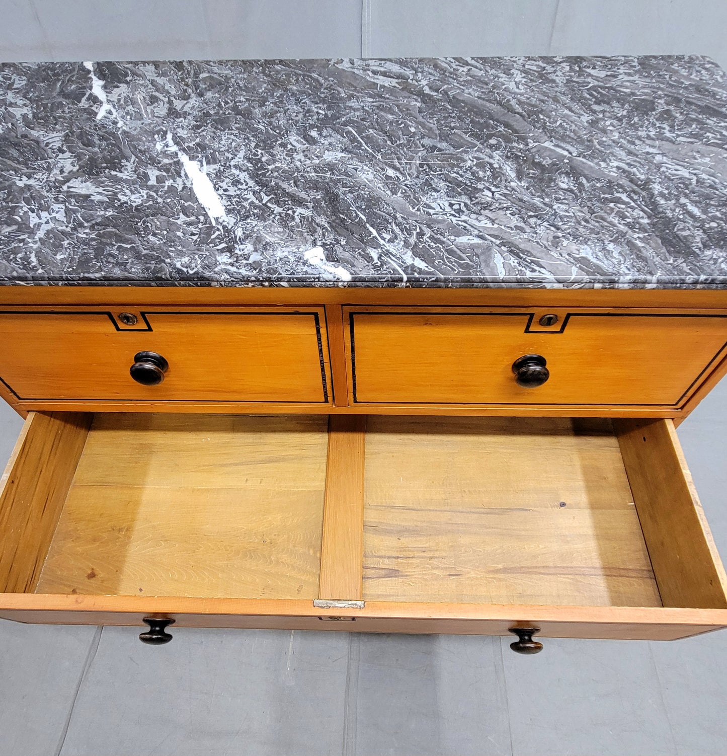 Antique English Pine Dresser With Painted French Line Motif and Marble Top