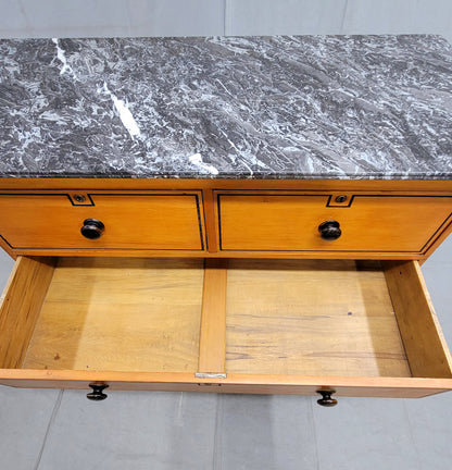 Antique English Pine Dresser With Painted French Line Motif and Marble Top