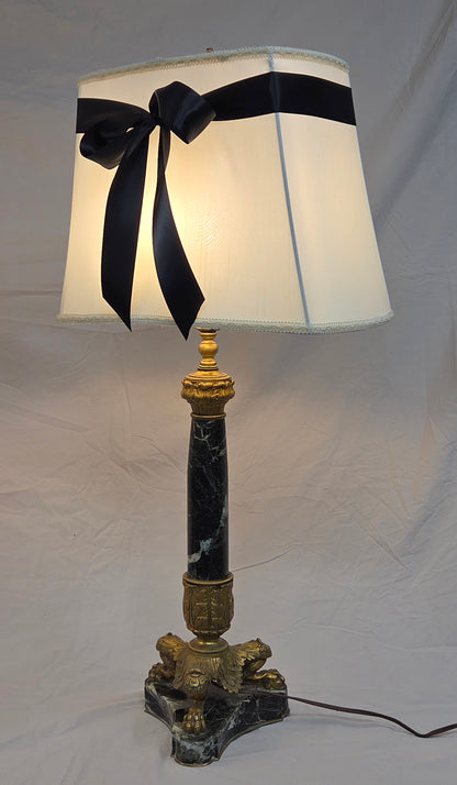 Vintage Pair French Empire Neoclassical Style Marble and Gilt Bronze Table Lamps
