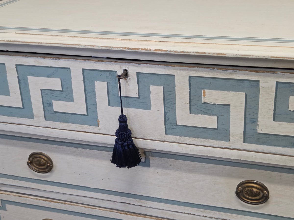 Antique 19th C. Painted Pine Dresser Chest of Drawers With Greek Key Motif