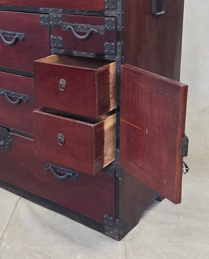 Antique Early 1900s Meiji Period Japanese Pine/Elm Tansu Chest With Iron Hardware