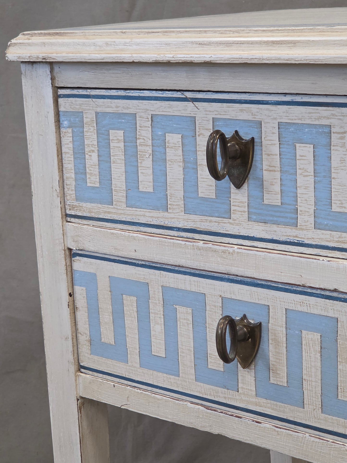 Vintage Mahogany Nightstands With Handpainted Greek Key Motif - A Pair