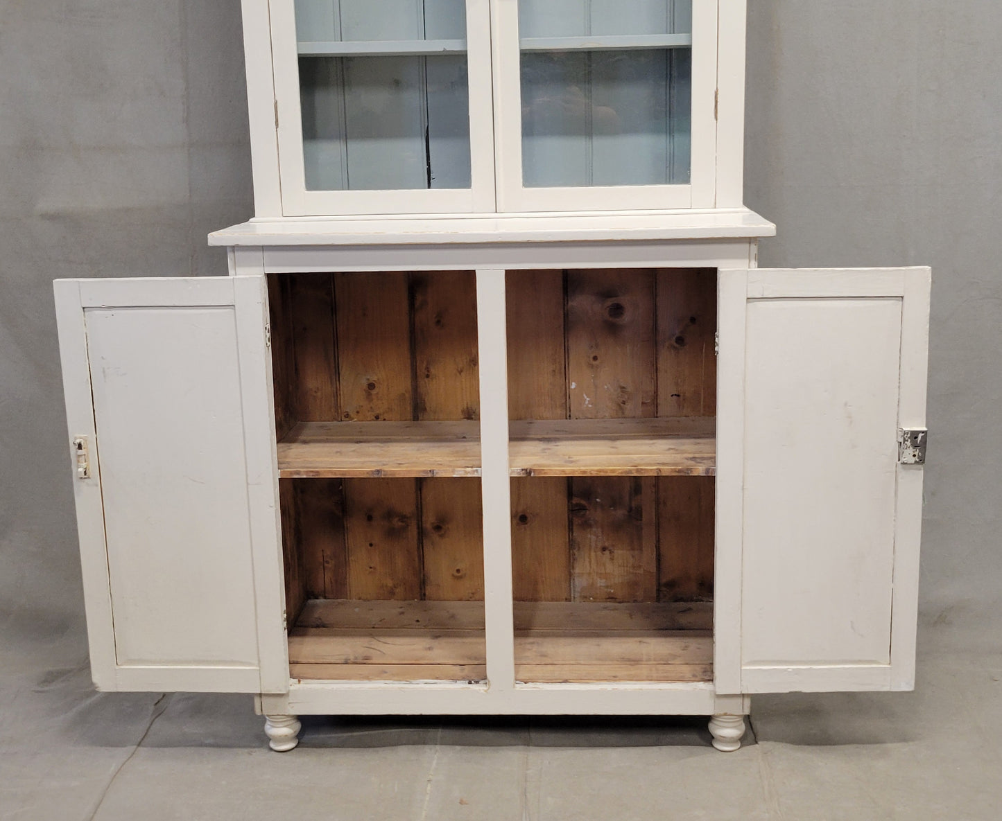 Antique English Country Painted Two Piece China or Curio Cabinet