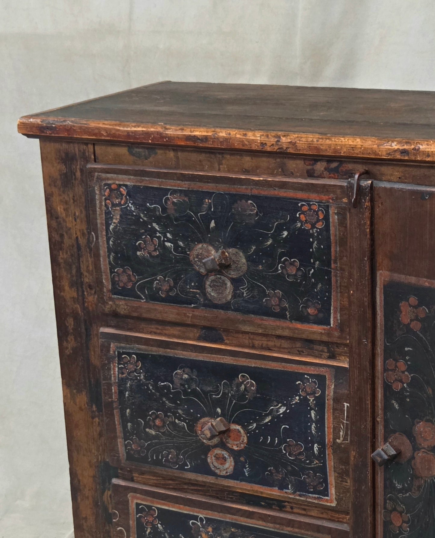 Antique Romanian Folk Painted Pine Cupboard with Drawers and a Door