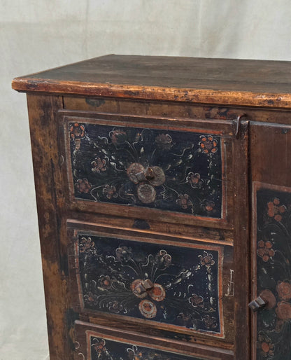 Antique Romanian Folk Painted Pine Cupboard with Drawers and a Door