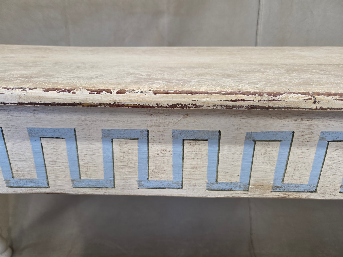 Antique French Rustic Painted Pine Console Table with Greek Key Motif