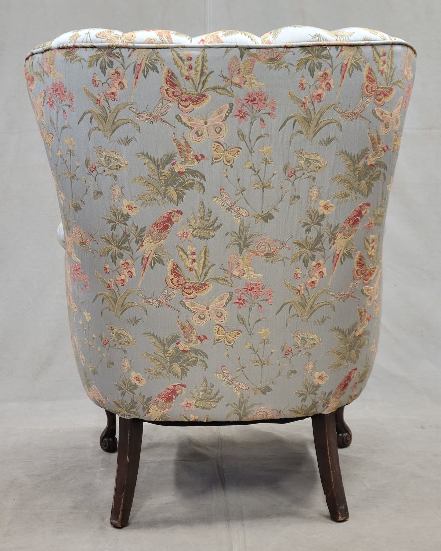 Vintage 1930s Art Deco Fan Back Bergere Chair With Kravet Parrot and Butterfly Damask Fabric
