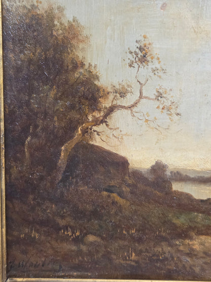 Antique Dutch Late 1800s Sunrise Over Water Landscape, Original Frame, Signed