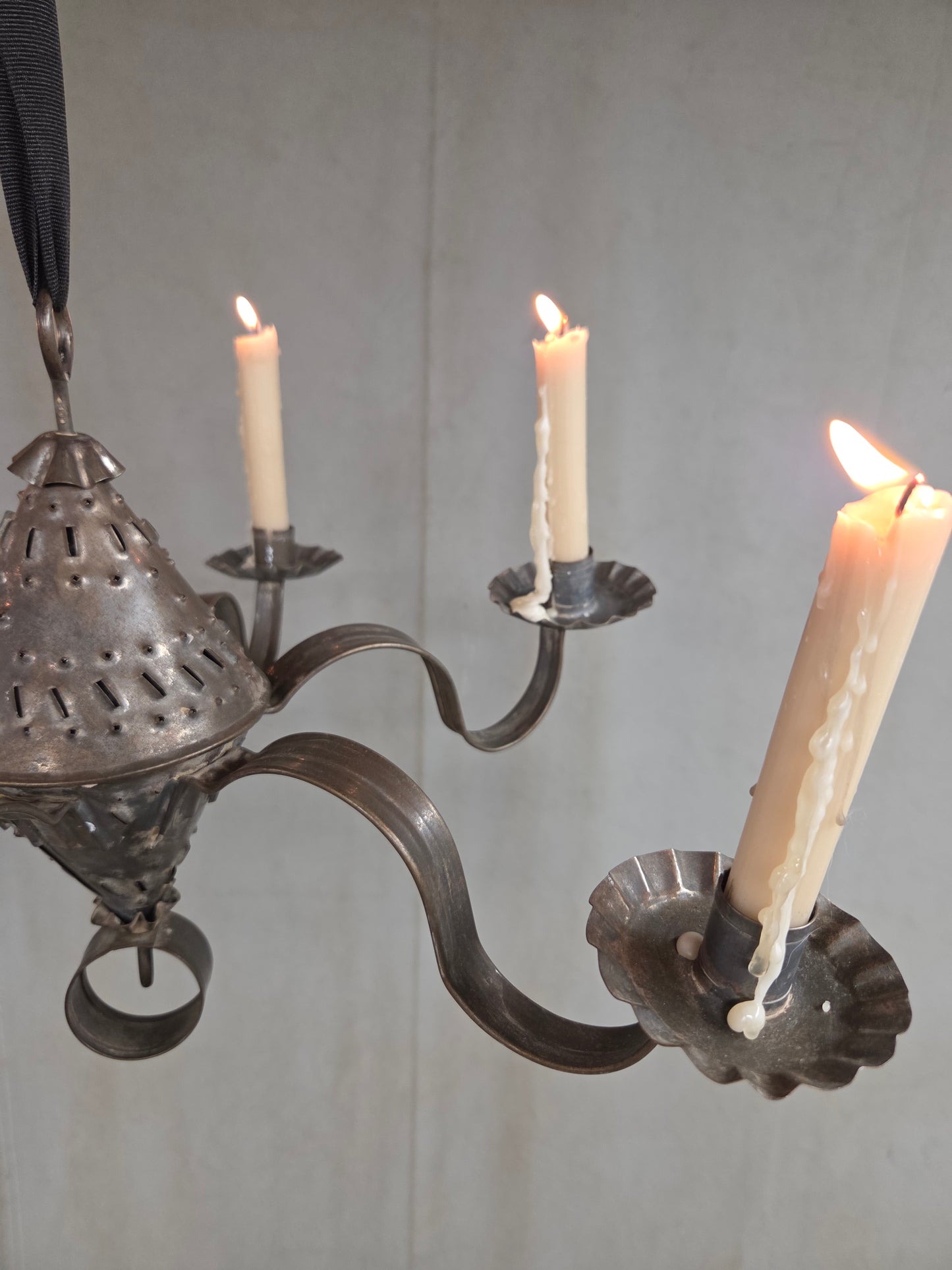 Antique Punched Tin Six-Arm Candle Chandelier, New Mexico, Spanish Colonial style