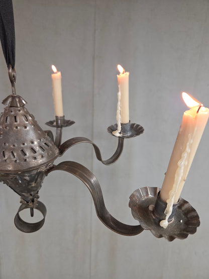 Antique Punched Tin Six-Arm Candle Chandelier, New Mexico, Spanish Colonial style