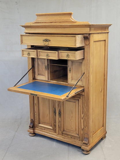 Antique Danish Biedermeier Pine Secretary Desk With Blue Leather
