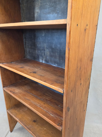 Vintage Rustic Primitive Handmade Pine Bookcase with Metal Backing