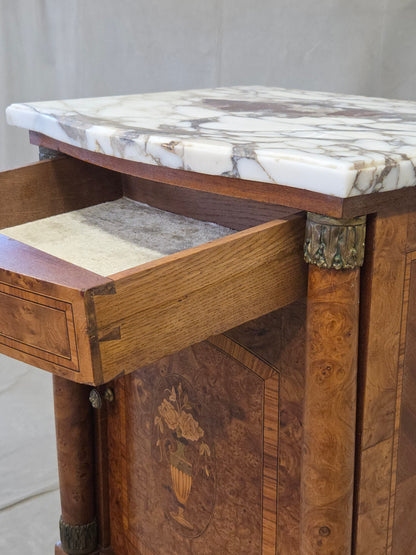 Antique French Art Nouveau Burl Marble Marquetry Nightstand With Bronze Ormolu