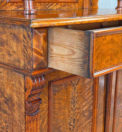 Antique 19th Century German Wilhelmenian Flame Birch Vertical Buffet Sideboard