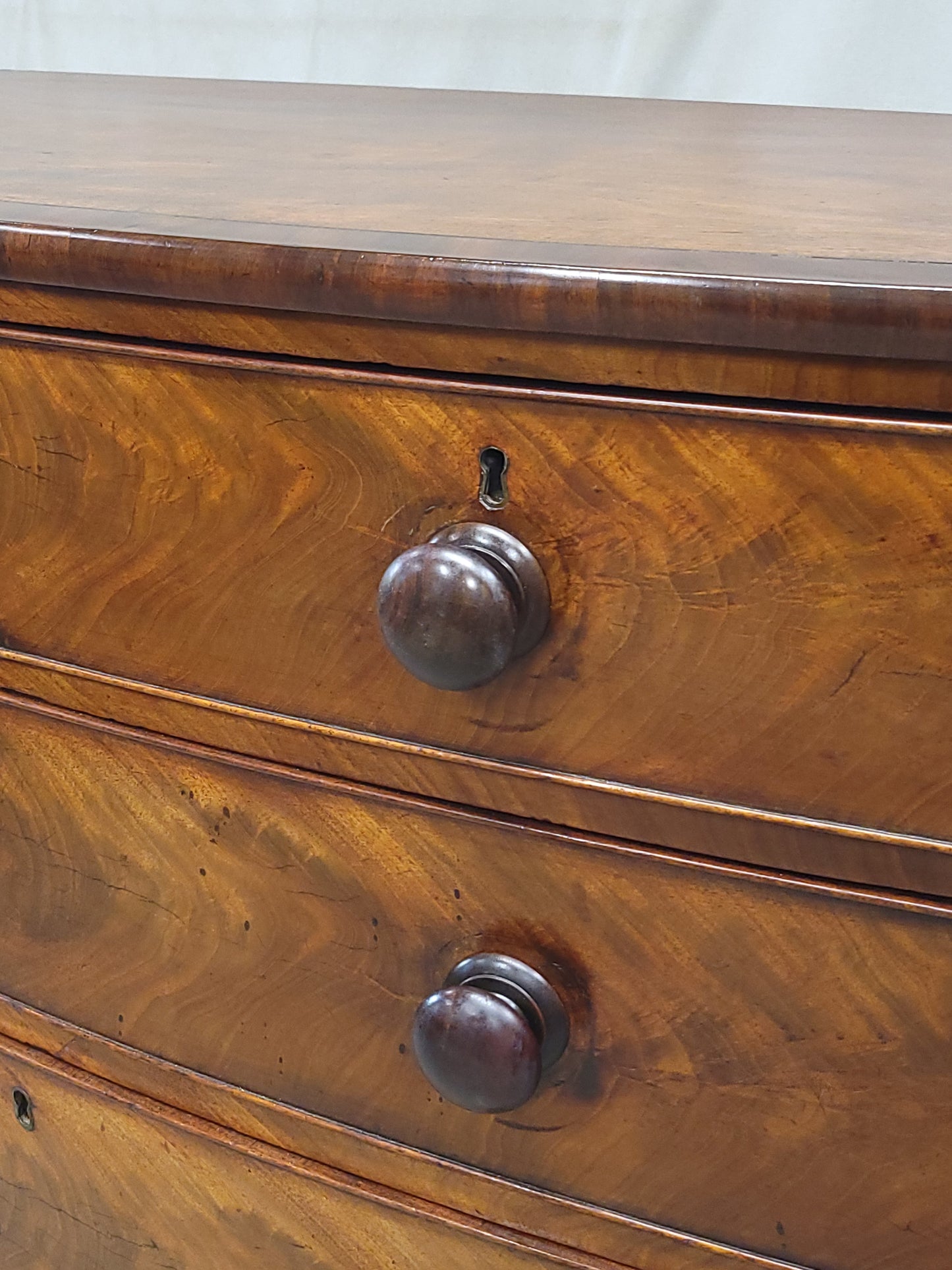 Antique English Edwardian Figured Mahogany Dresser With Original Knobs