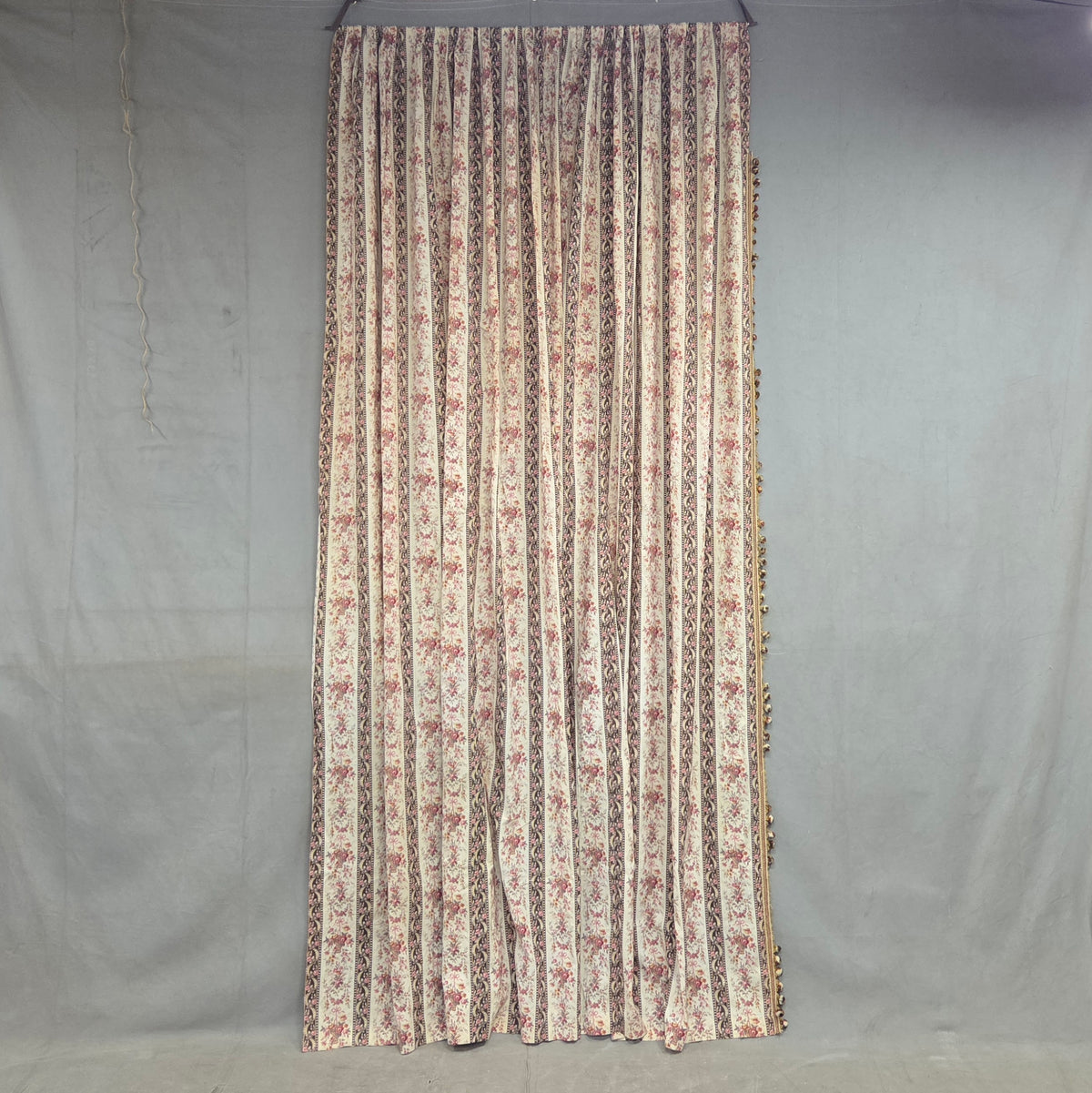 Antique 1920s French Cotton Curtain Panel, Pink and Brown Stripe With Florals